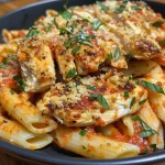 Delicious Chicken Parmesan Pasta with a rich tomato sauce and a sprinkle of fresh basil.