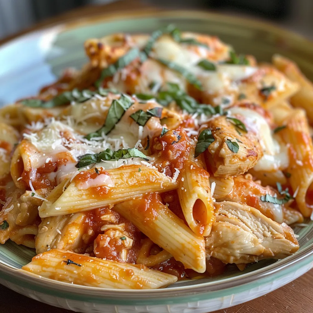 A tempting serving of Chicken Parmesan Pasta featuring pasta, chicken, and cheese in vibrant colors.