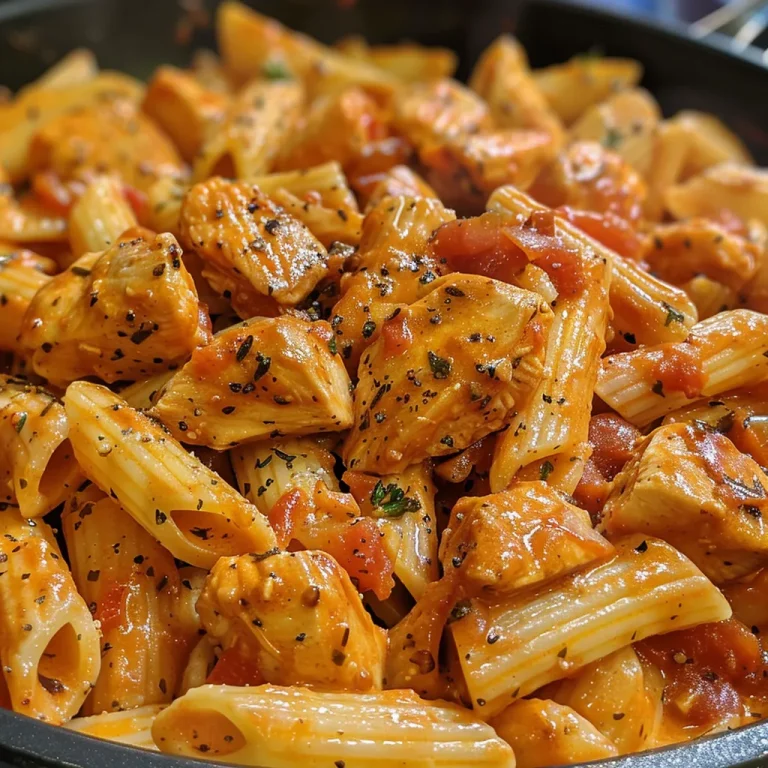 Close-up view of a creamy chicken pasta dish with diced tomatoes and herbs.