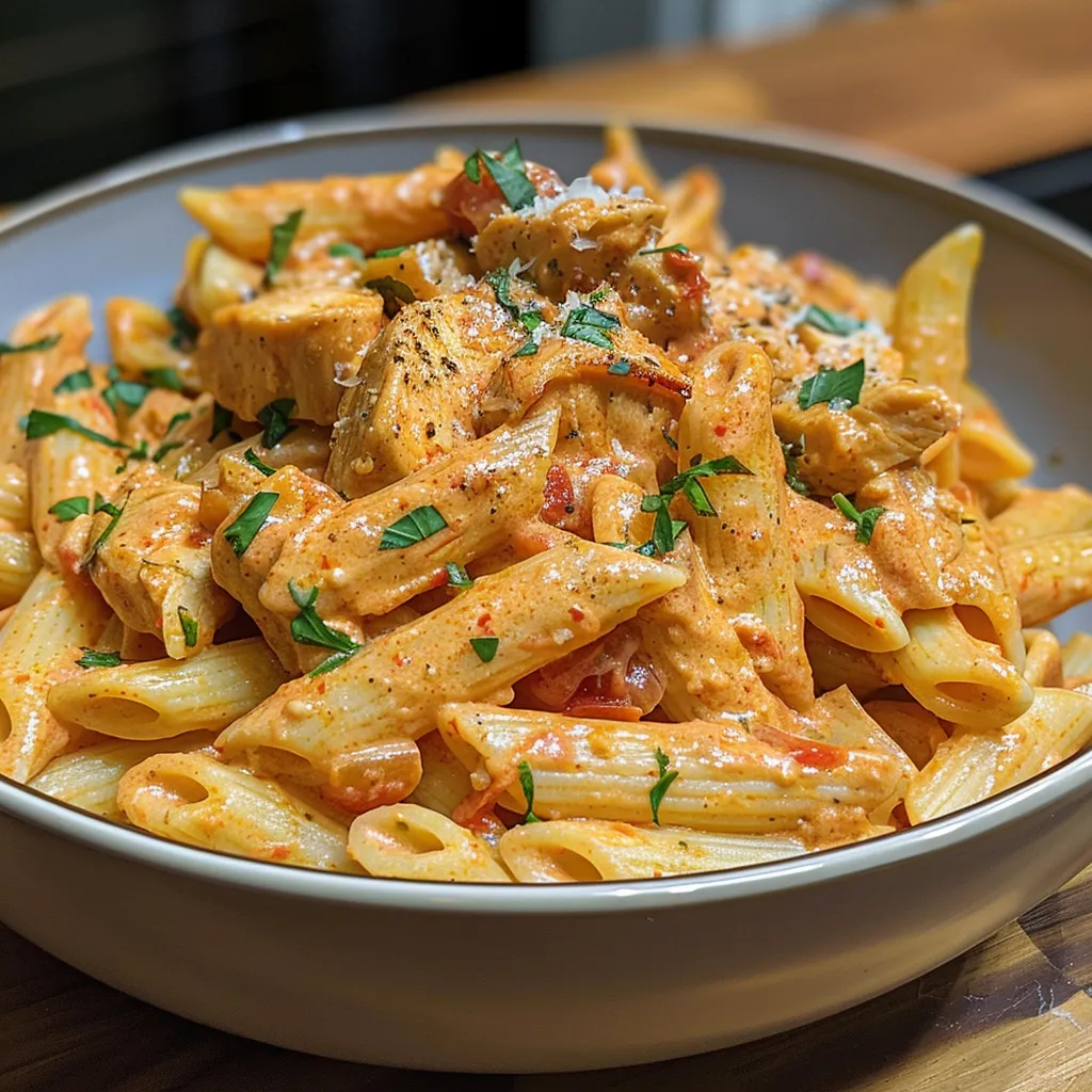 Side view of a plated chicken pasta in creamy tomato sauce, garnished with parsley.