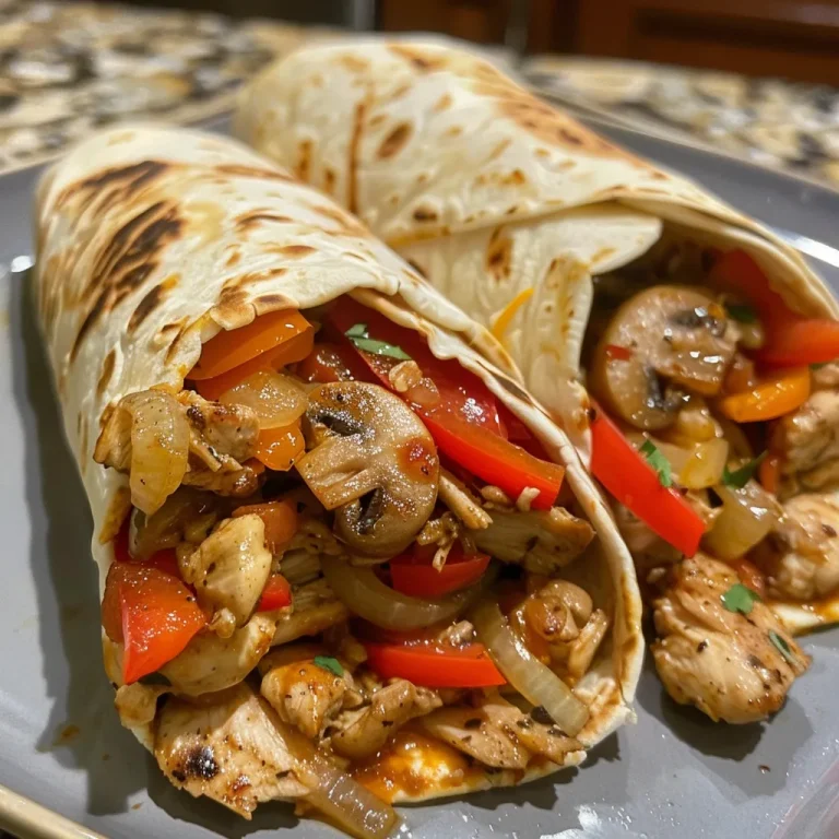 A delicious Chicken Philly Cheesesteak Wrap presented from a side angle, revealing layers of grilled chicken and sautéed veggies.