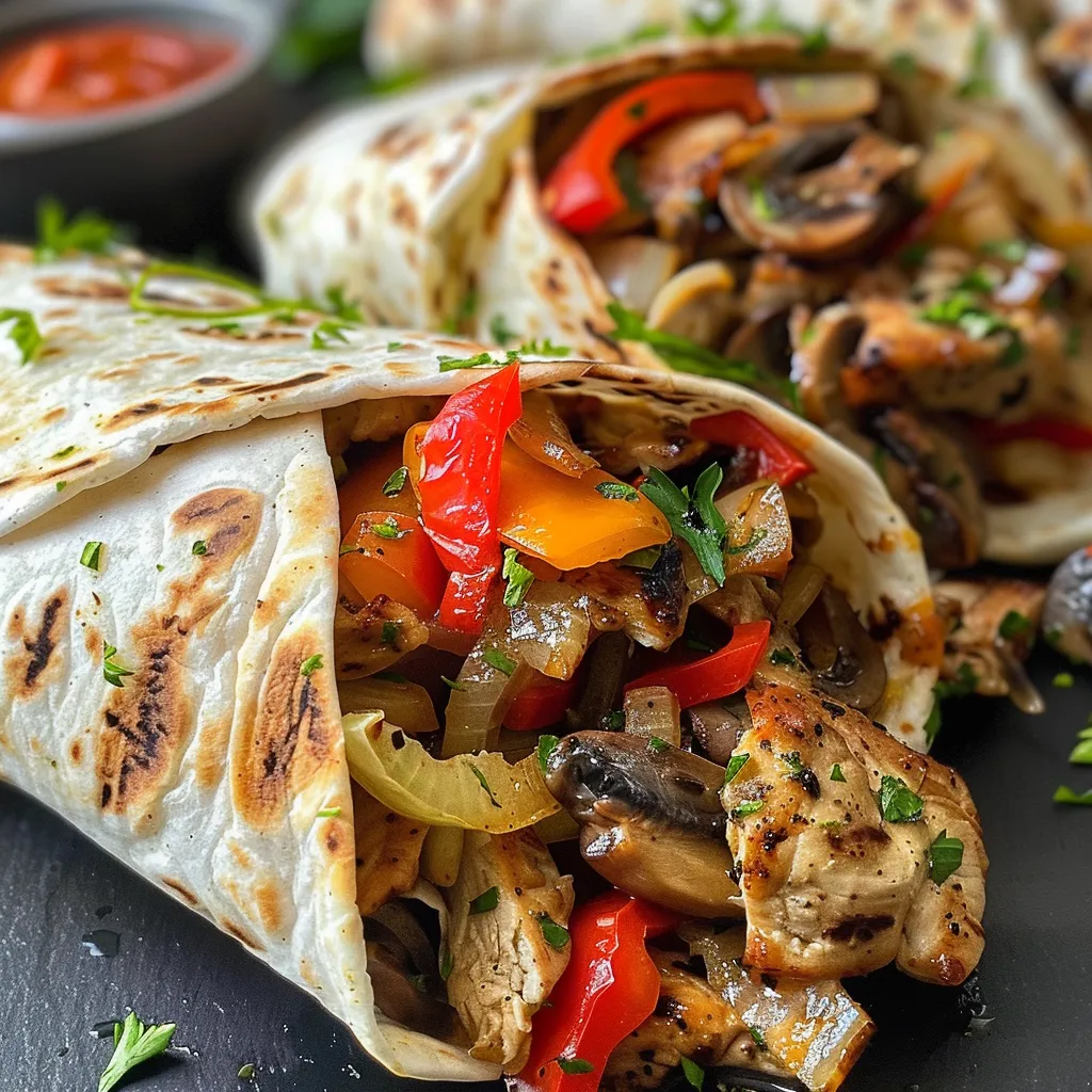 A mouthwatering Chicken Philly Cheesesteak Wrap filled with a mixture of chicken, onions, peppers, and cheese, garnished with parsley.