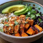 Side view of a vibrant Chicken Sweet Potato Rice Bowl garnished with cilantro and lime.