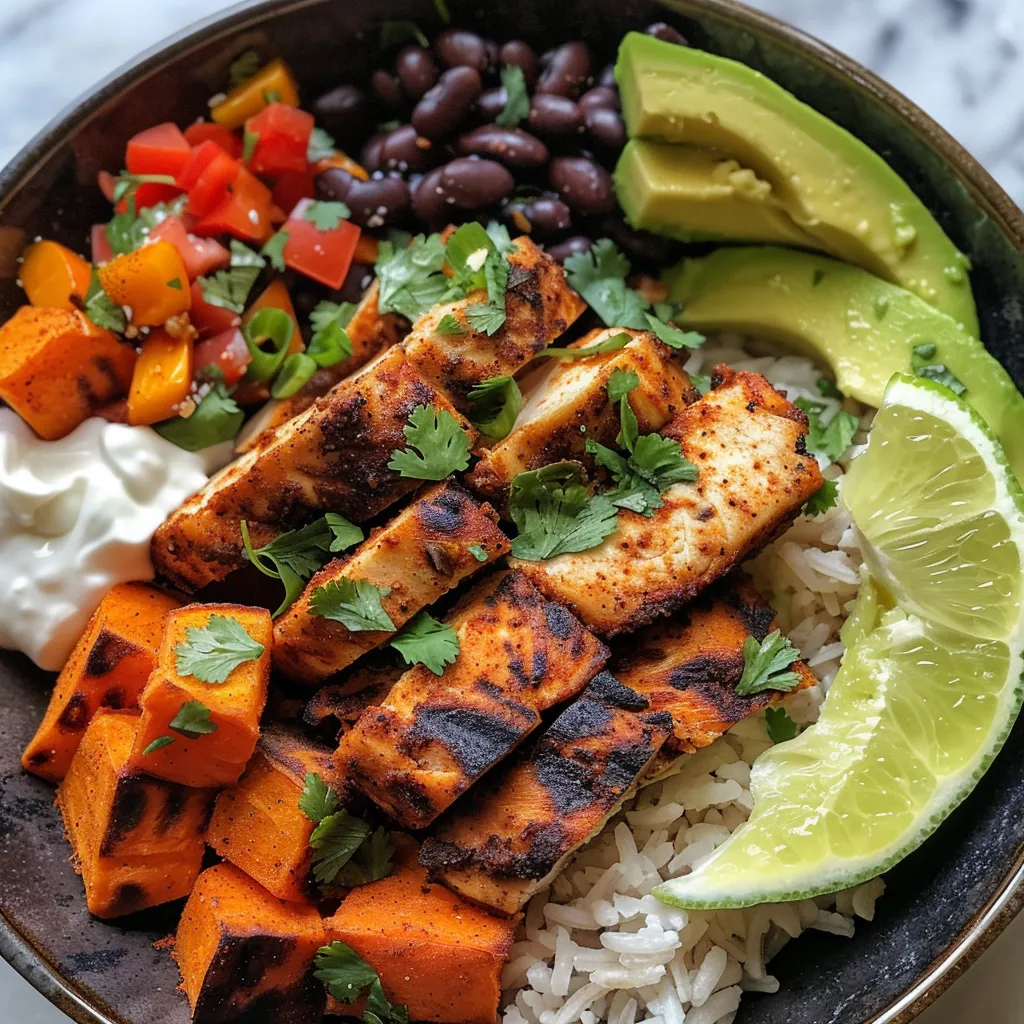 Juicy Chicken Sweet Potato Rice Bowl presented in a bowl, showcasing its colorful layers.
