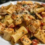 Close-up shot of a colorful Chicken Tomato Pasta dish with visible pieces of chicken, pasta, and tomato sauce.