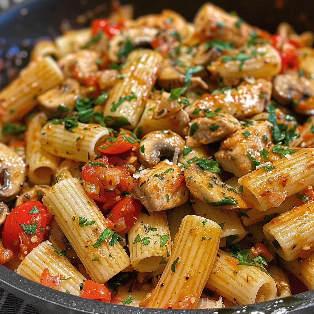 Side view of Chicken Tomato Pasta served in a bowl, featuring diced chicken, fresh spinach, and grated Parmesan cheese.