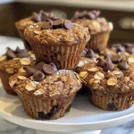 A close-up side view of golden-brown chocolate chip oat muffins with melted chocolate chips on top.