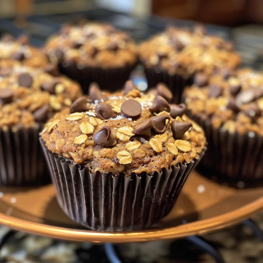 A detailed image of moist chocolate chip oat muffins, showcasing their texture and chocolate inclusions.