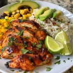 Juicy, glazed chicken over a bed of rice with diced avocado and herbs.