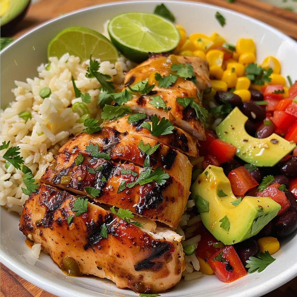 Vibrant rice bowl featuring citrus chicken, fresh avocado, and toppings.