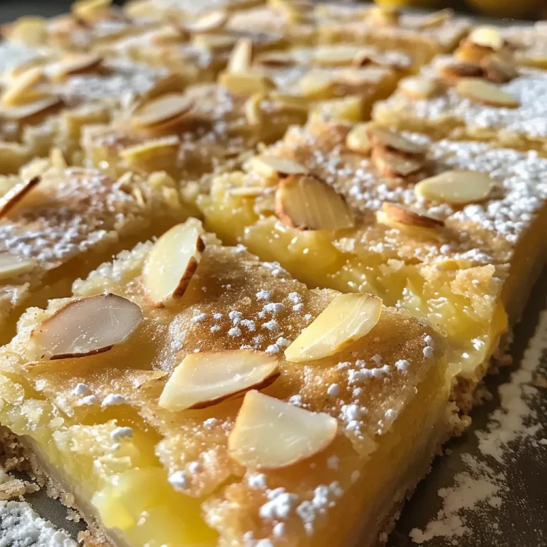 A close-up of golden, textured lemon bars with a dusting of powdered sugar on top.