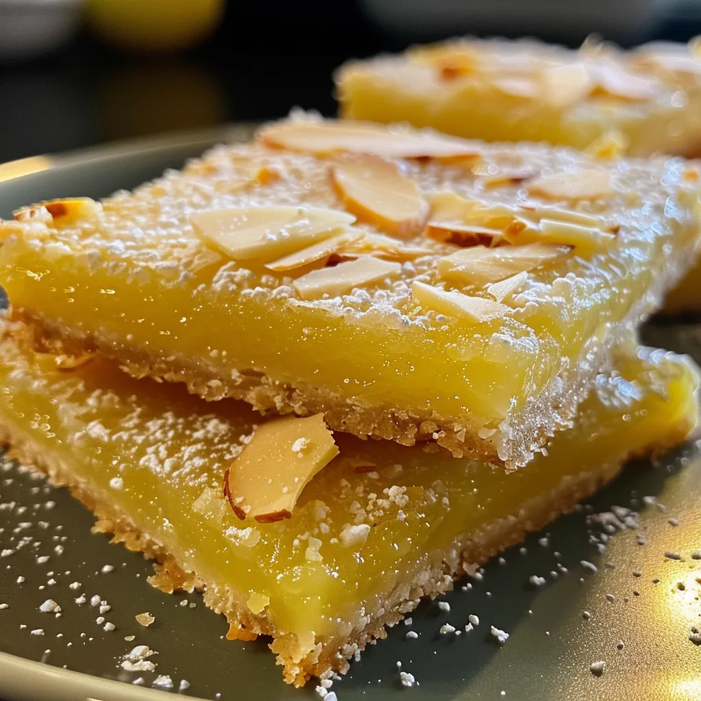 Side view of freshly baked lemon bars, showcasing their creamy lemon filling and almond crust.