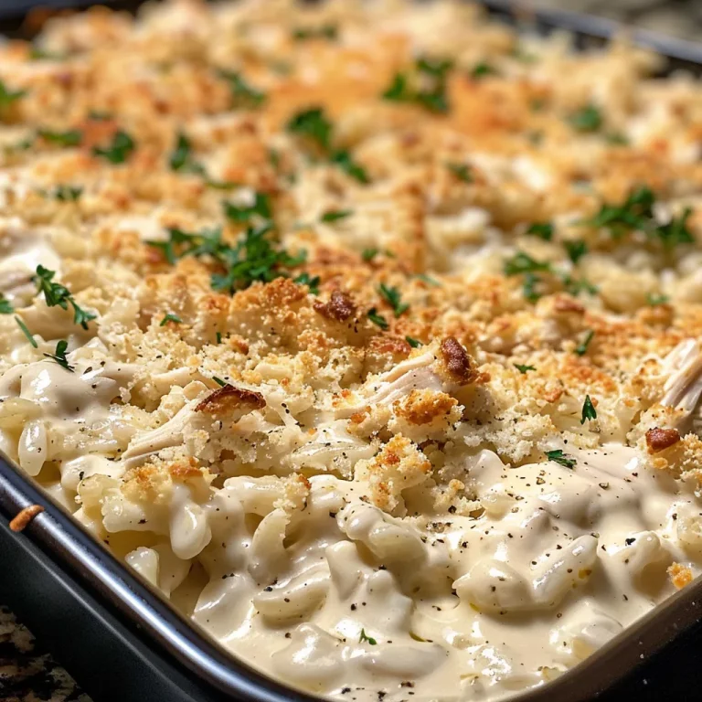 Juicy and creamy chicken Alfredo rice casserole with garlic and herbs visible.