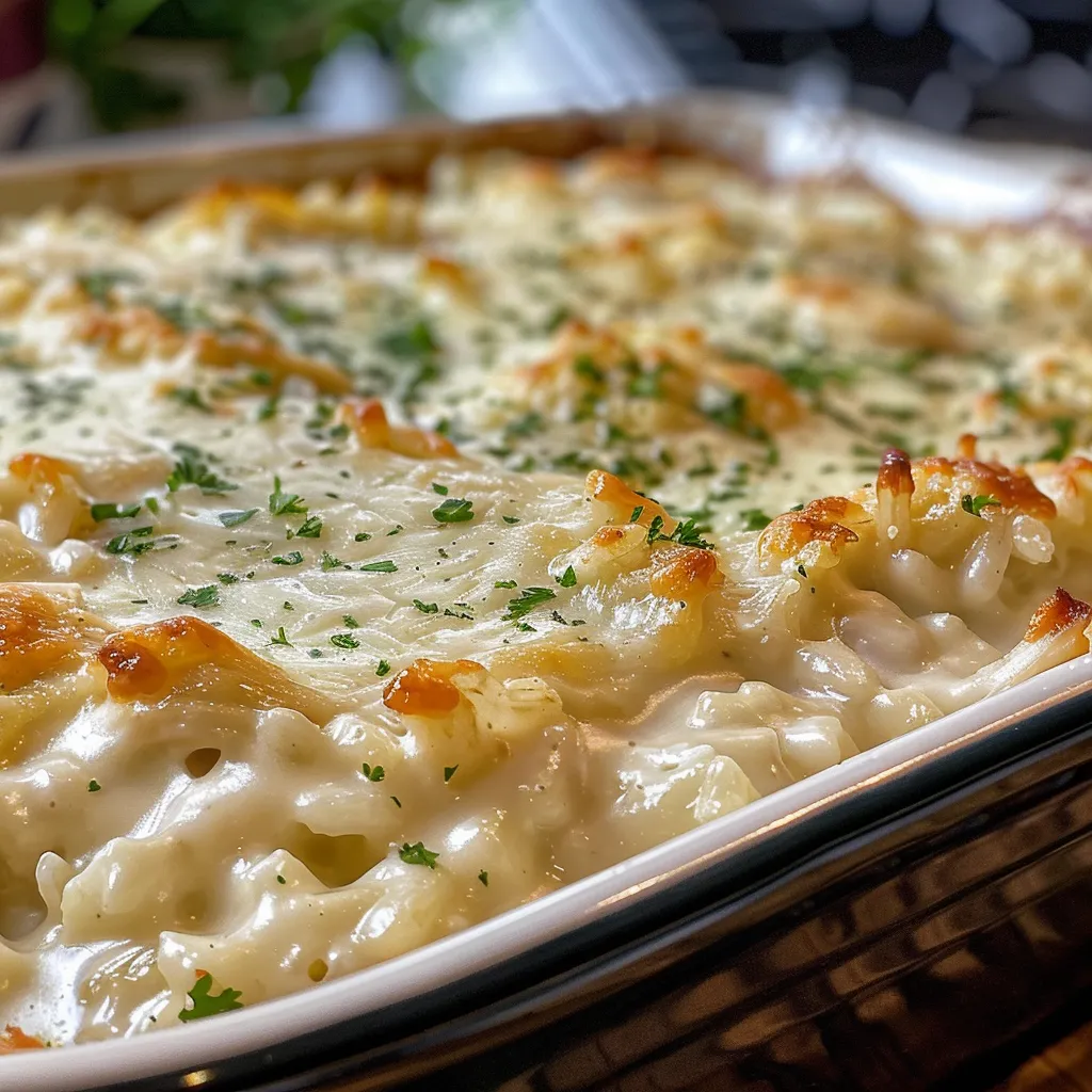 A mouth-watering chicken Alfredo casserole with a golden cheese crust and garnished with parsley.