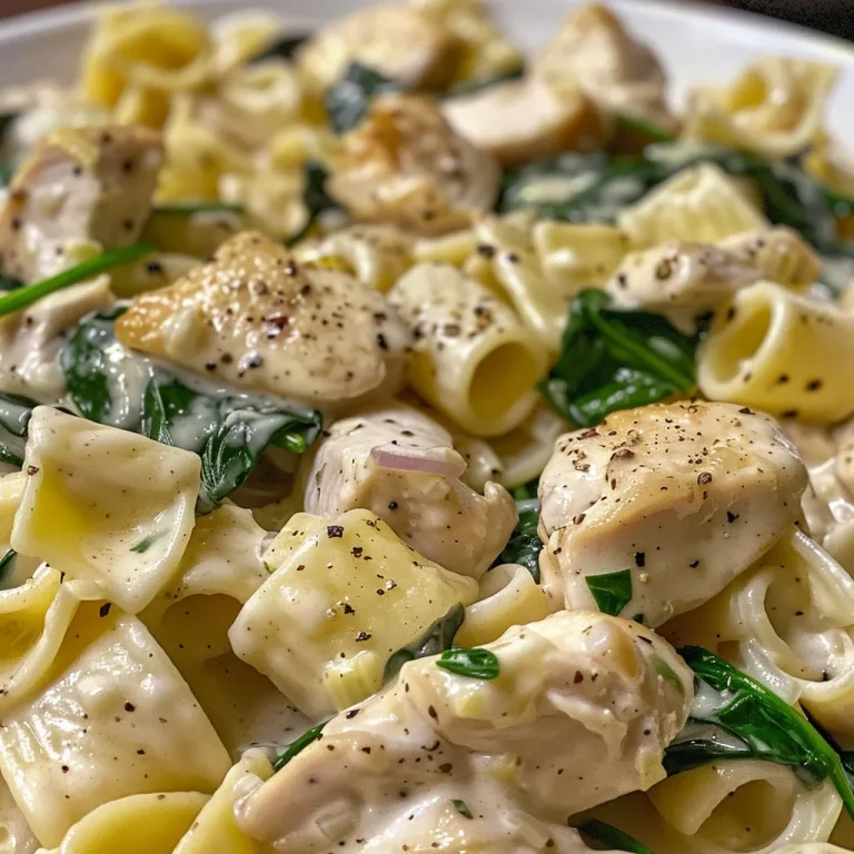 A close-up of creamy chicken and spinach pasta in a bowl, highlighting the tender chicken and vibrant spinach.