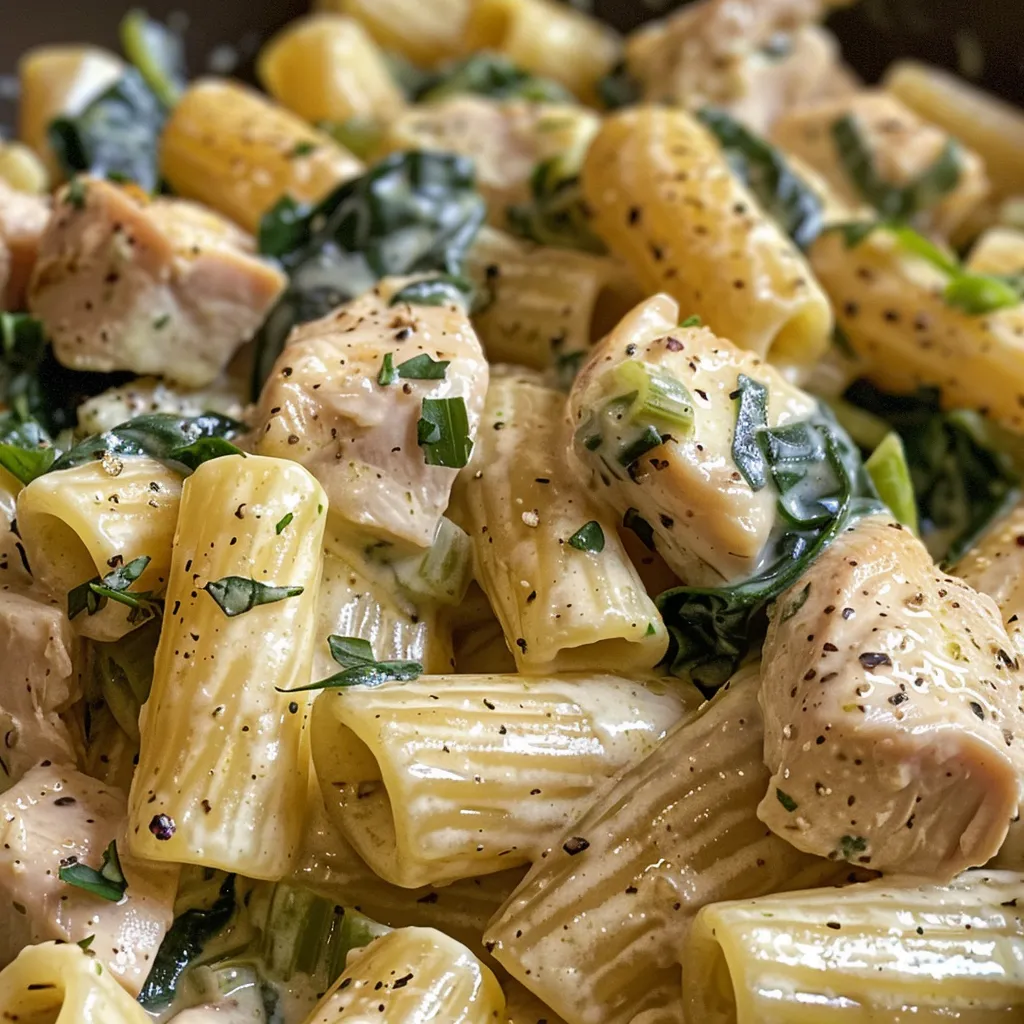 A side view of a plate filled with creamy pasta, featuring diced chicken and fresh greens, captured with an iPhone 15 Pro.
