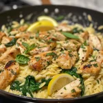 Close-up view of creamy chicken orzo with spinach and lemon, garnished with herbs.