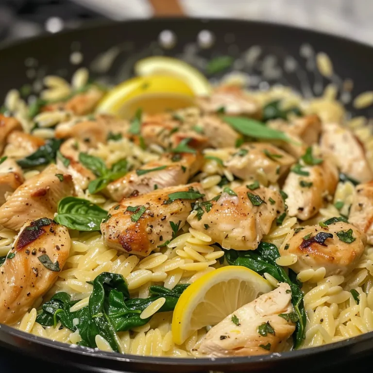 Close-up view of creamy chicken orzo with spinach and lemon, garnished with herbs.