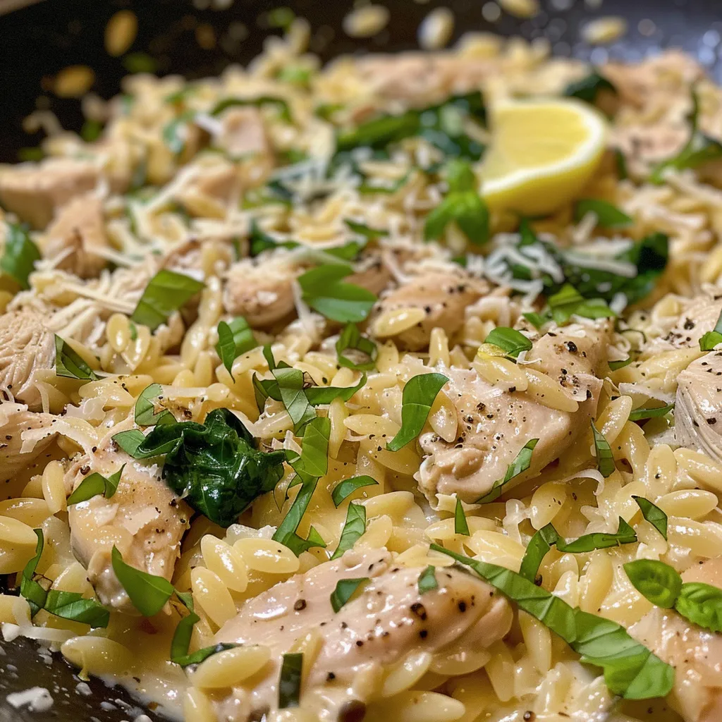 Side view of a bowl of creamy chicken orzo featuring bright green spinach and lemon slices.