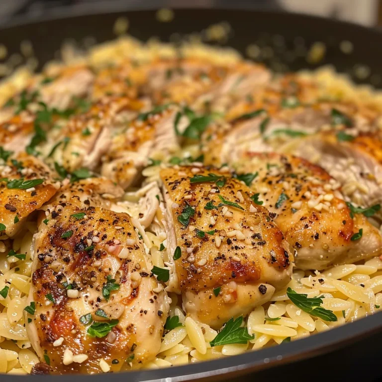 Juicy creamy chicken orzo presented in a rustic bowl, garnished with parsley.