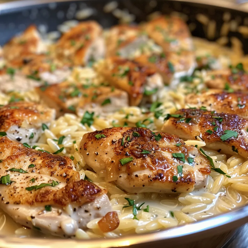 Close-up of a hearty creamy chicken orzo with spinach, ready to be served.