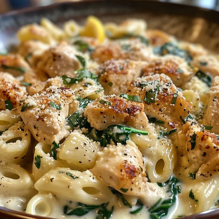 Appetizing plate of creamy chicken spinach pasta with a rich sauce and herbs.