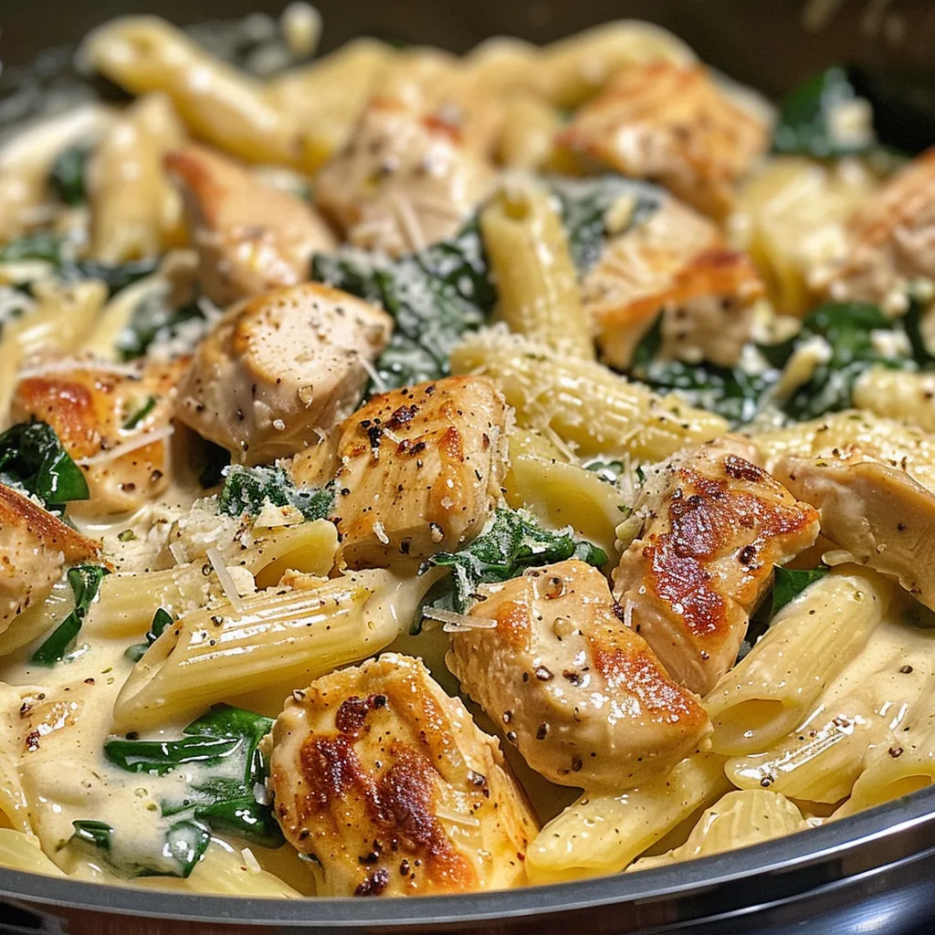 Side view of creamy chicken spinach pasta showcasing its creamy texture and vibrant colors.