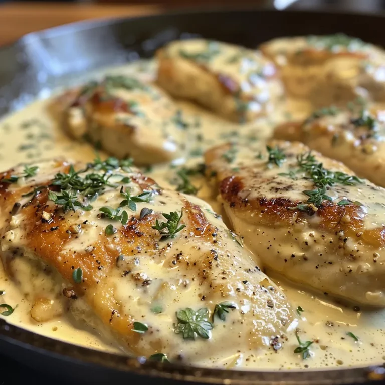 Close-up view of a chicken skillet with creamy sauce and garlic.