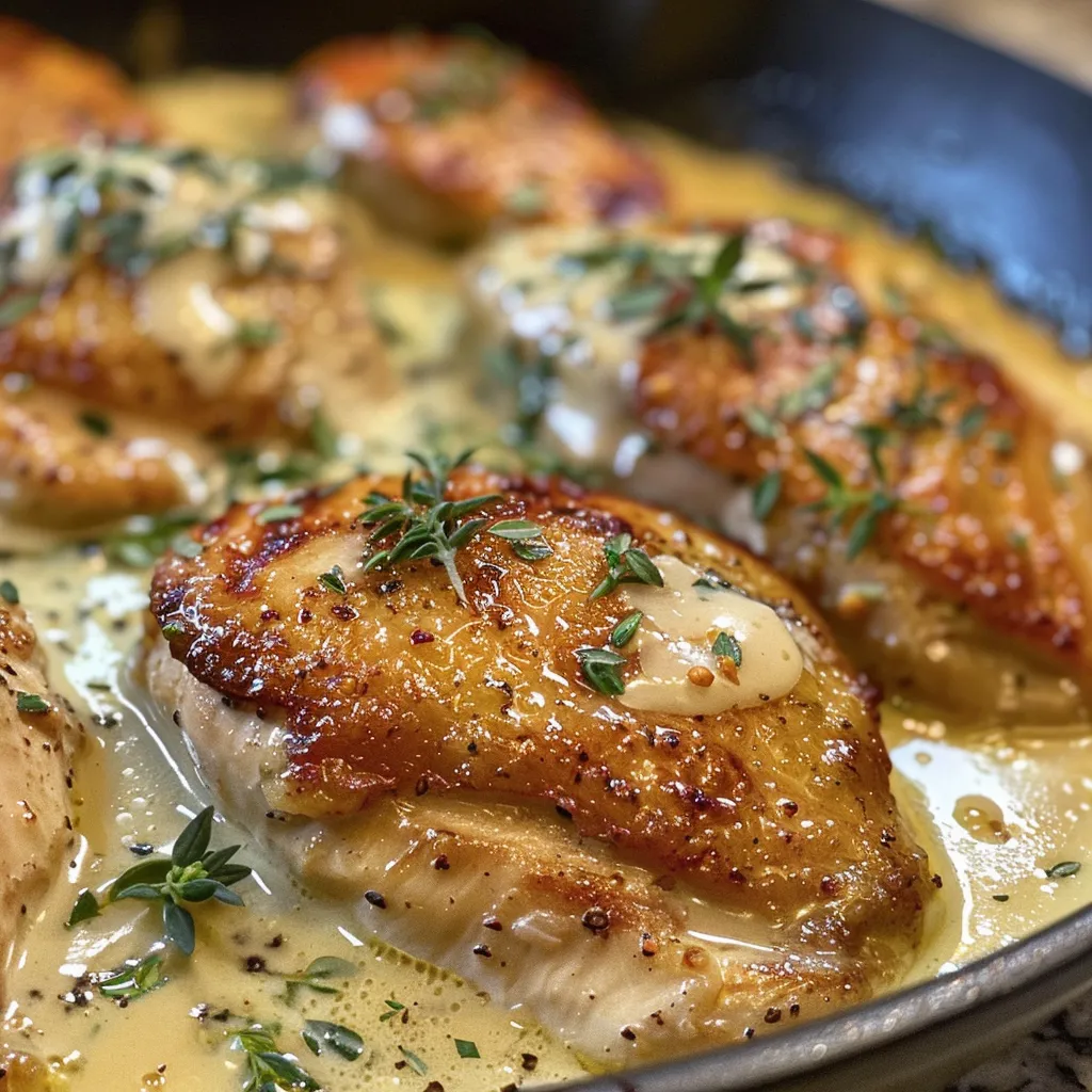 Delicious creamy Dijon chicken served in a skillet, ready to eat.
