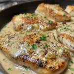 Side view of Creamy Dijon Chicken with garlic and parsley garnish.