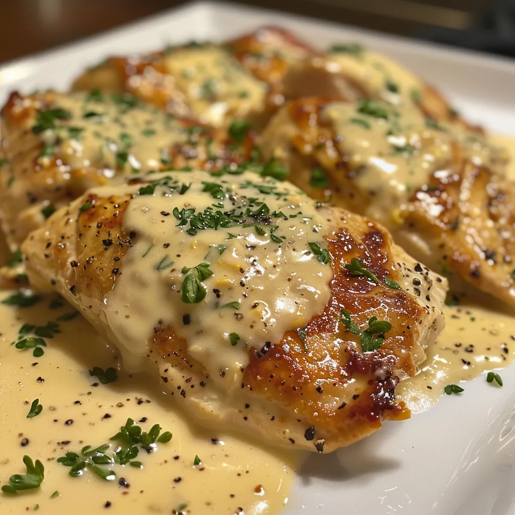 Delicious chicken breast in a creamy Dijon sauce, ready to serve.