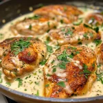 Detailed shot of a skillet filled with creamy garlic butter chicken and fresh herbs.