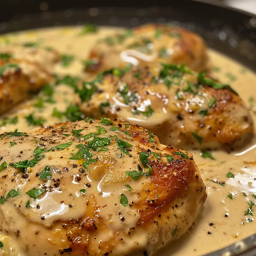 Side view of a delicious garlic butter chicken skillet showcasing sauce and ingredients.