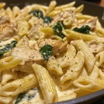 A side view of creamy garlic chicken served over spinach penne pasta.