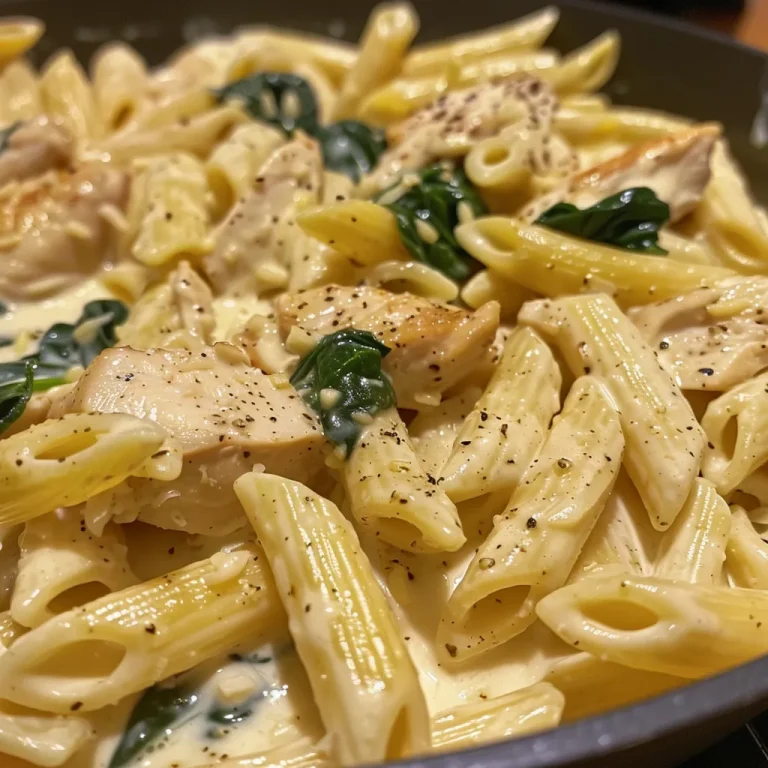 A side view of creamy garlic chicken served over spinach penne pasta.