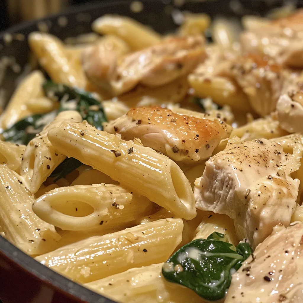 Close-up of a delicious penne pasta dish topped with chicken and spinach.