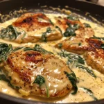 Close-up of creamy garlic chicken with spinach on a plate.