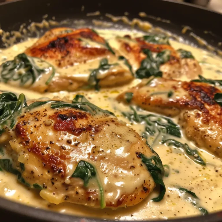 Close-up of creamy garlic chicken with spinach on a plate.