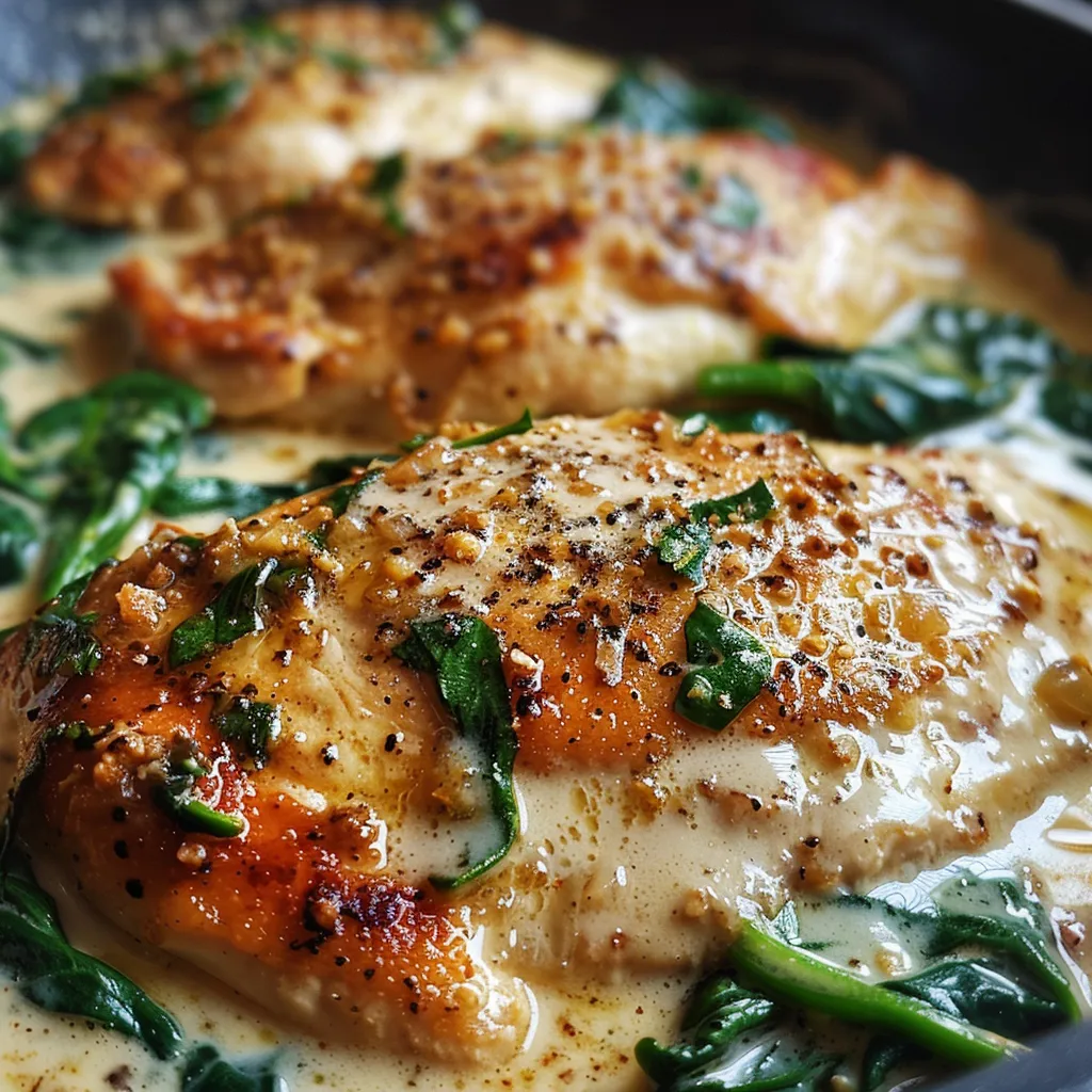 Juicy garlic chicken surrounded by fresh spinach and cream sauce.