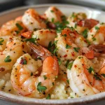 A close-up view of creamy garlic shrimp served on a bed of rice, garnished with parsley.