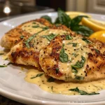 Juicy chicken cutlets in a creamy lemon-basil sauce garnished with fresh basil.