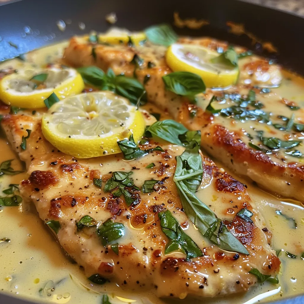 A side view of Creamy Lemon-Basil Chicken with vibrant lemon slices and herbs.