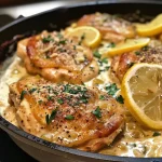 Delicious creamy sauce coating tender chicken in a skillet.
