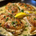 Side view of chicken breasts coated in a creamy lemon sauce, with lemon zest visible.
