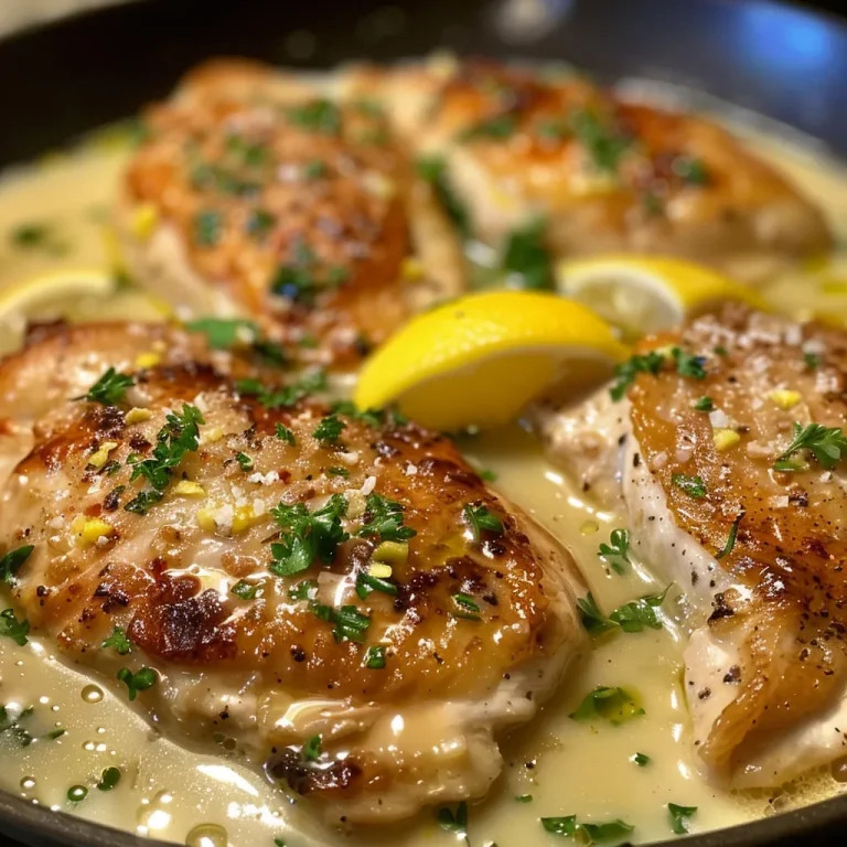 Side view of chicken breasts coated in a creamy lemon sauce, with lemon zest visible.