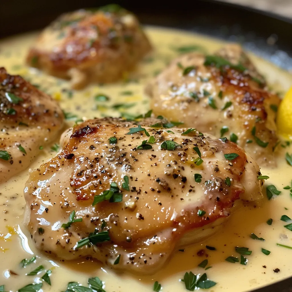 Plated creamy lemon chicken with minced garlic and parsley, highlighting its texture.