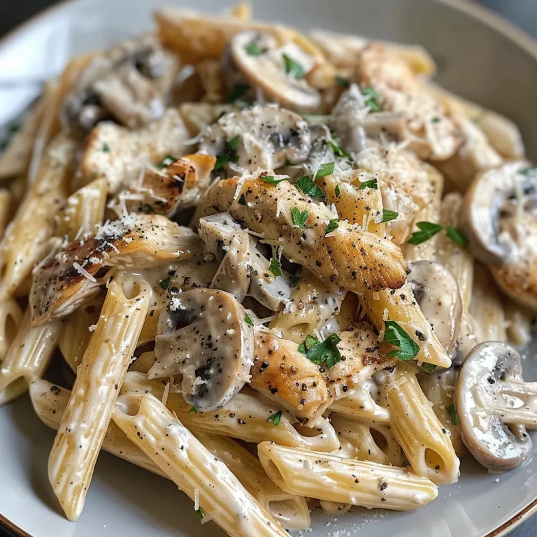 Juicy chicken strips and mushrooms in a creamy pasta dish, presented in an appetizing manner.