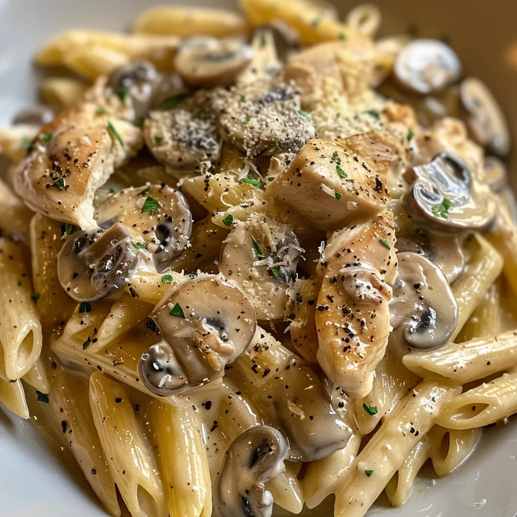 Delicious creamy mushroom chicken pasta topped with grated Parmesan and fresh parsley.