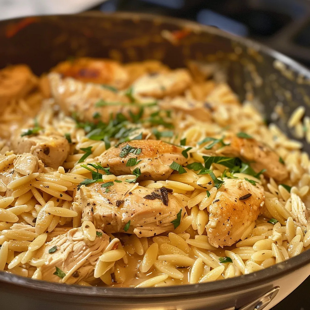 Delicious Creamy One-Pot Chicken Orzo with a rich sauce, served in a rustic bowl.