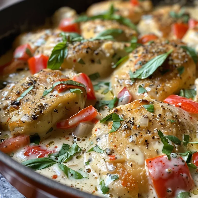 A side view of creamy Parmesan basil chicken on a plate, showcasing its rich sauce.